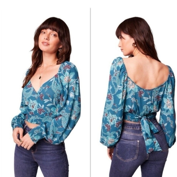 Band of the Free Sybille Deep Teal Floral Wrap Crossover Crop Top Women Medium - Picture 1 of 13